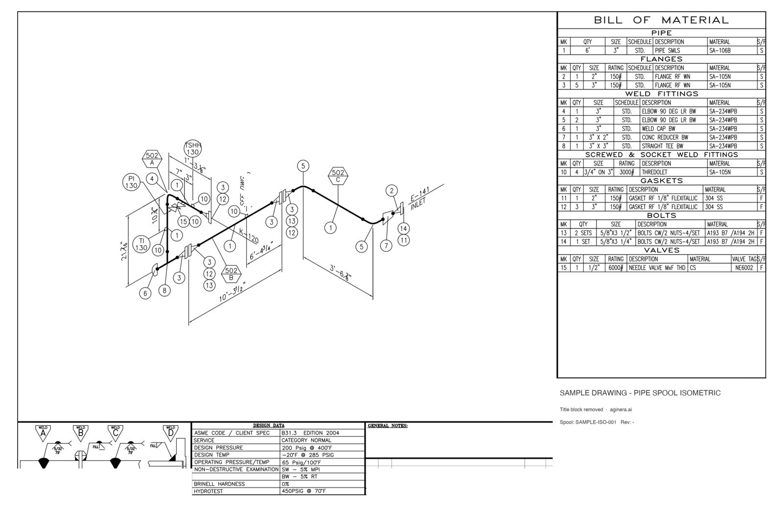 Pipe spool isometric — single sheet, scanned — sheet 1 of the sample PDF