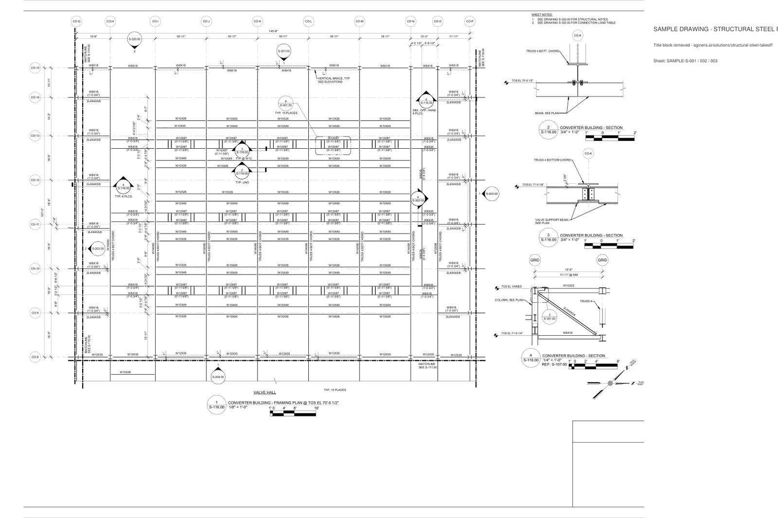 Structural steel framing — 3 plan sheets, vector PDF — sheet 1 of the sample PDF